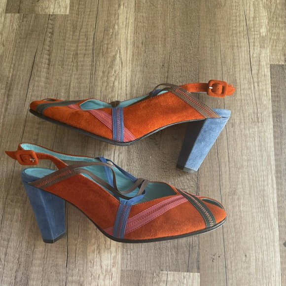 Thierry Rabotin Womens Orange Blue Peep Toe Cone Slingback Heel Sz US 7.5 EUR 38 - Picture 4 of 9